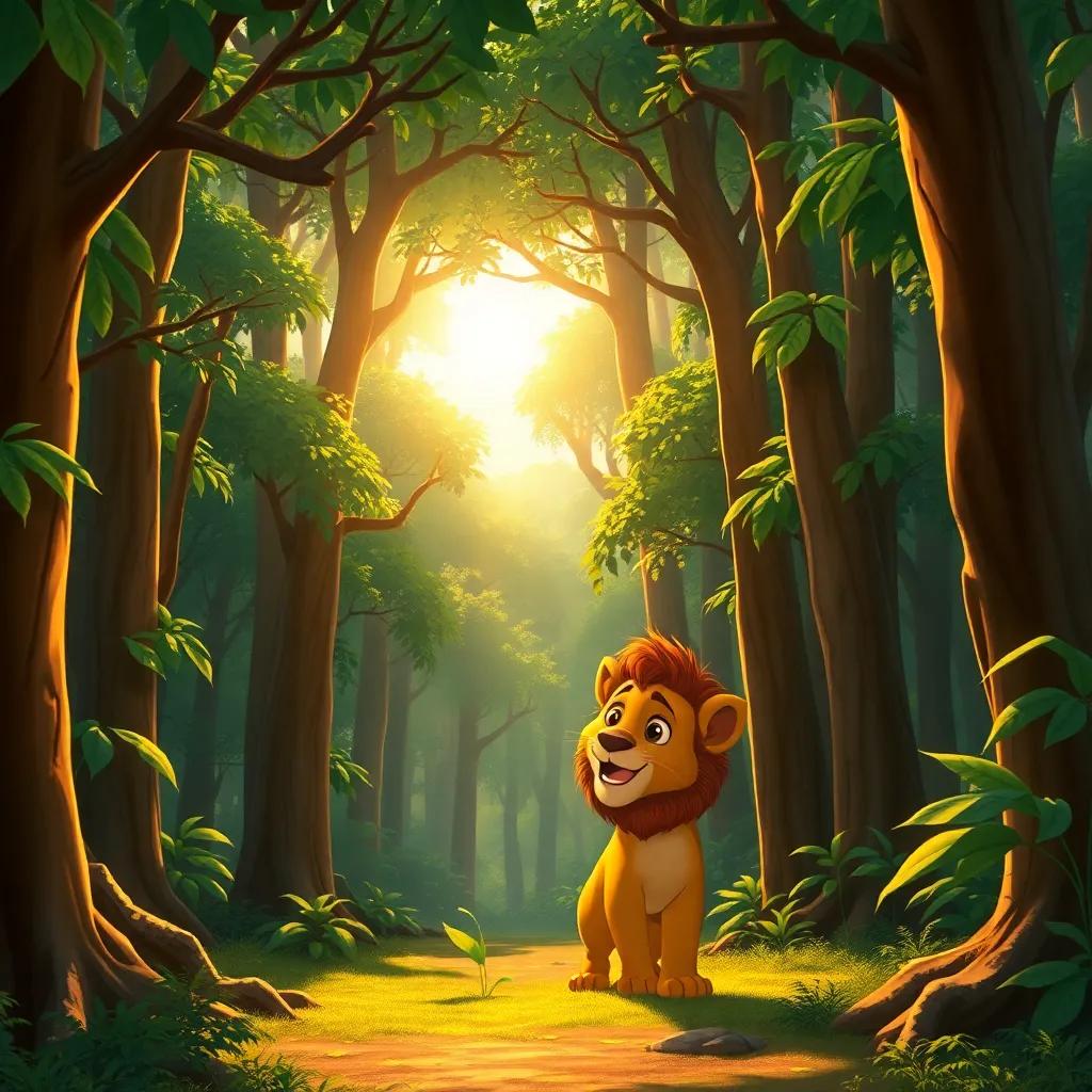 A dense forest with tall trees and sun peeking through the leaves, a hungry lion named Wameed looking around, cartoon style, warm colors, vibrant atmosphere, enchanting perspective, detailed, immersive, high quality