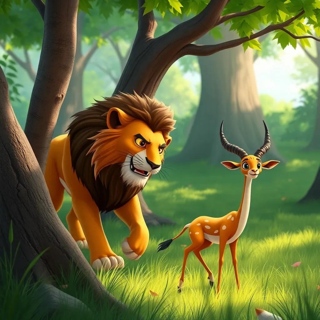 Wameed the lion stealthily stalking Maysa the gazelle grazing among the trees, vibrant green surrounding, playful style, bright colors, animal perspective, detailed fur and body features