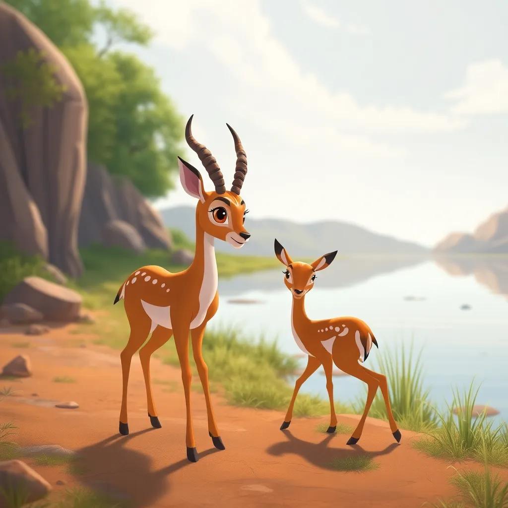 Maysa the gazelle, pretending not to see Wameed, walking slowly towards a nearby lake with a serene look, soft light by the lake, calming colors, gentle perspective, illustrated style