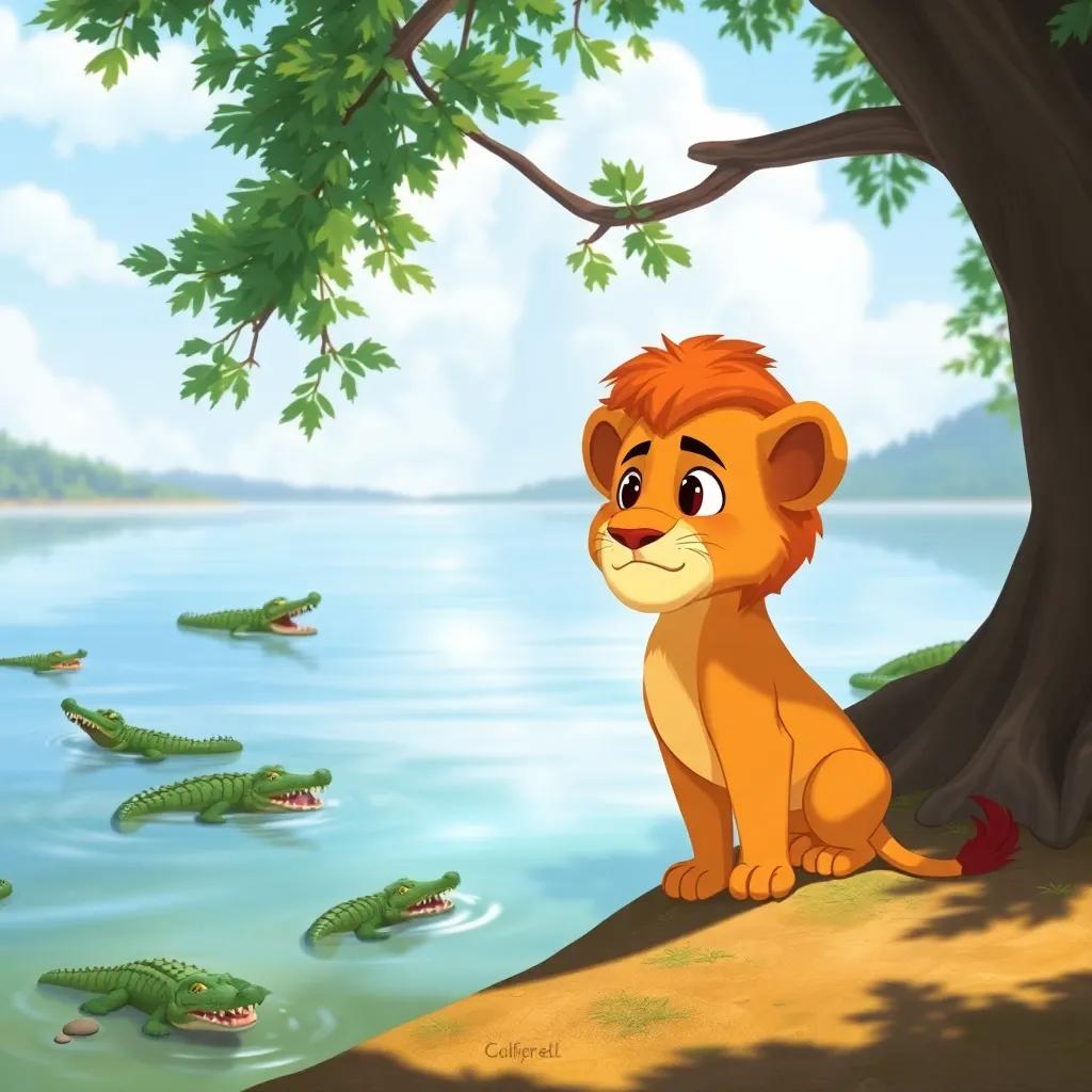 Wameed the lion hesitating at the edge of the lake where crocodiles live, with anxious expression, shading from trees, bright light reflecting on water, vivid colors, child-friendly