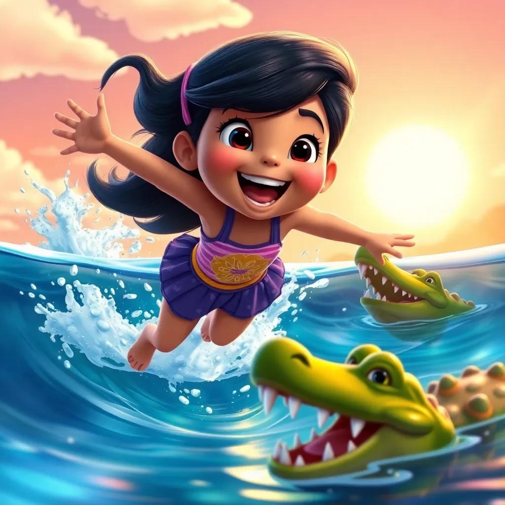 Maysa suddenly jumping into the water, with splashes and crocodiles lurking nearby, dynamic action, bright sun above, colorful and playful atmosphere, engaging perspective, cartoon style