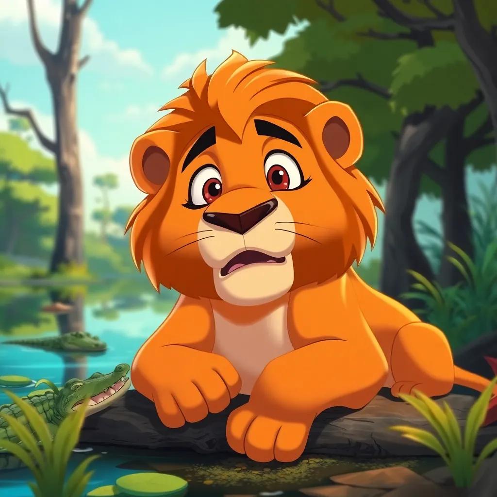Wameed the lion, terrified at the lakeside, with a frightened expression while thinking of crocodiles, surrounding trees and plants, vibrant color contrasts, expressive style, captivating detail