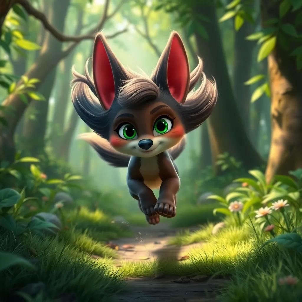 Maysa running quickly into the depths of the forest, with wind in her fur and playful confidence, beautiful greenery around her, colorful and adventurous atmosphere, child-friendly design