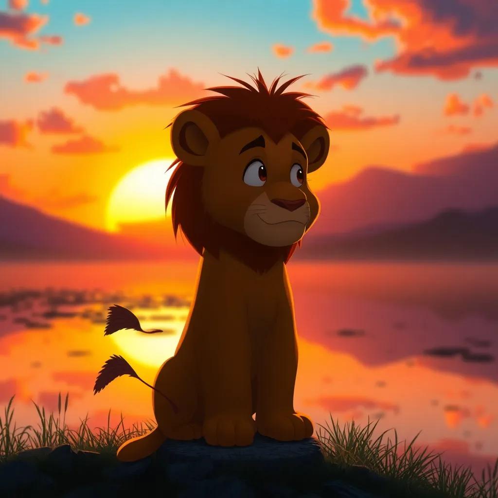 Wameed the lion left behind, looking regretful at the lake, a colorful sunset in the background, soft light glowing, emotional and reflective perspective, heartwarming scene