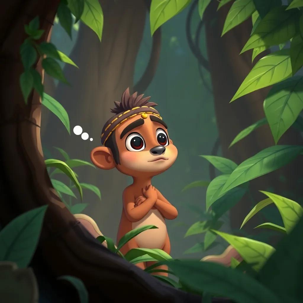 Wameed realizing he needs to think smarter to find food, surrounded by thick jungle and plants, cartoon art, bright colors, thoughtful atmosphere, engaging character design