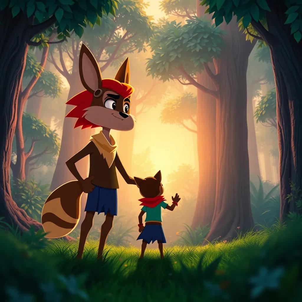 The story ends with Wameed determined to find a new way to hunt, standing heroically against the backdrop of the forest, vibrant colors, hopeful perspective, uplifting and inspiring art style