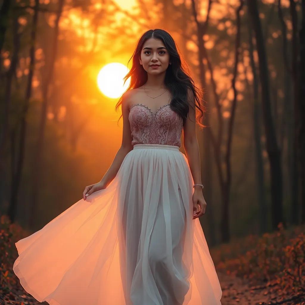 A young Arab girl, Maha, in a flowing white transparent skirt, with excitement in her eyes, enjoying a beautiful sunset while walking in a mystical forest, digital art, warm and inviting colors, enchanting atmosphere, high quality