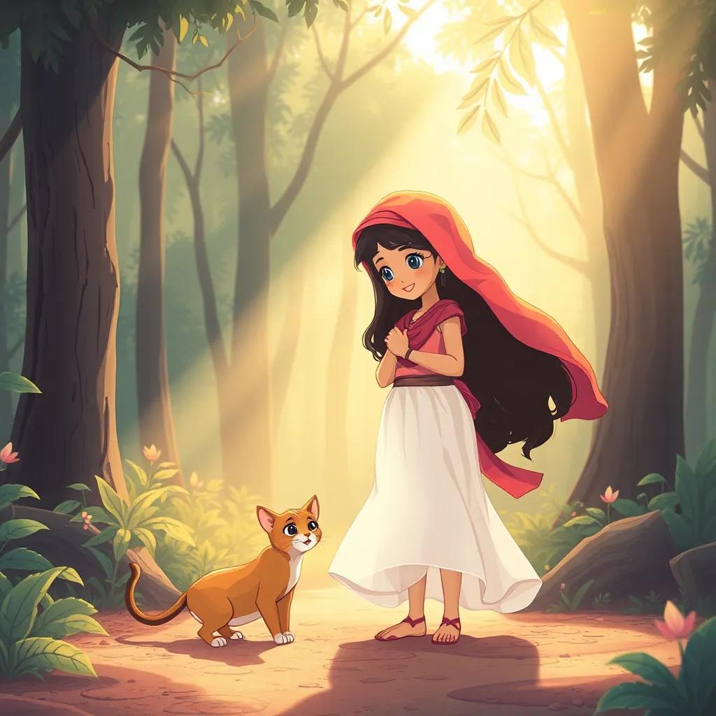 A brave young Arab girl, Maha, in a flowing white transparent skirt, discovering a small stray cat in a magical forest, sunlight filtering through the trees, playful and cheerful, illustration, whimsical and vibrant, high quality