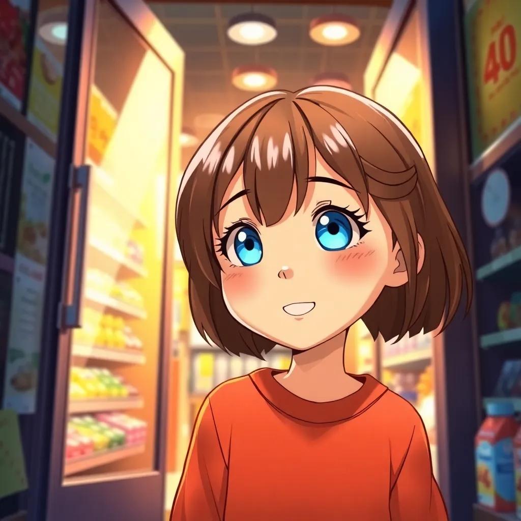 A young girl, Miko, with brown hair and blue eyes, entering a luxurious supermarket, excited expression, light streaming in through the doors, vibrant colors, inviting atmosphere, detailed illustration, high quality