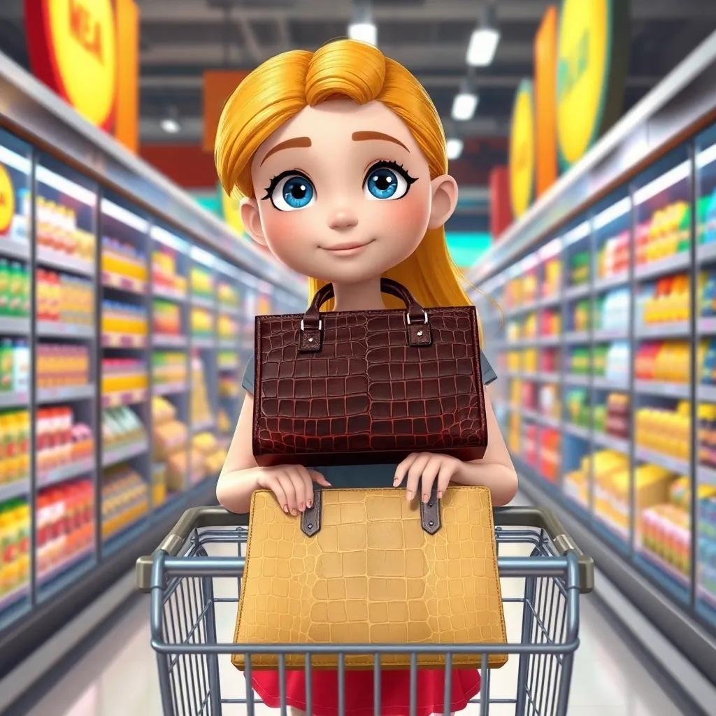 A young girl, Rose, with yellow hair and blue eyes, holding a designer handbag made of crocodile leather, shopping cart in front, modern supermarket aisles filled with colorful products, cheerful ambiance, bright colors, detailed digital art, inviting atmosphere, high quality