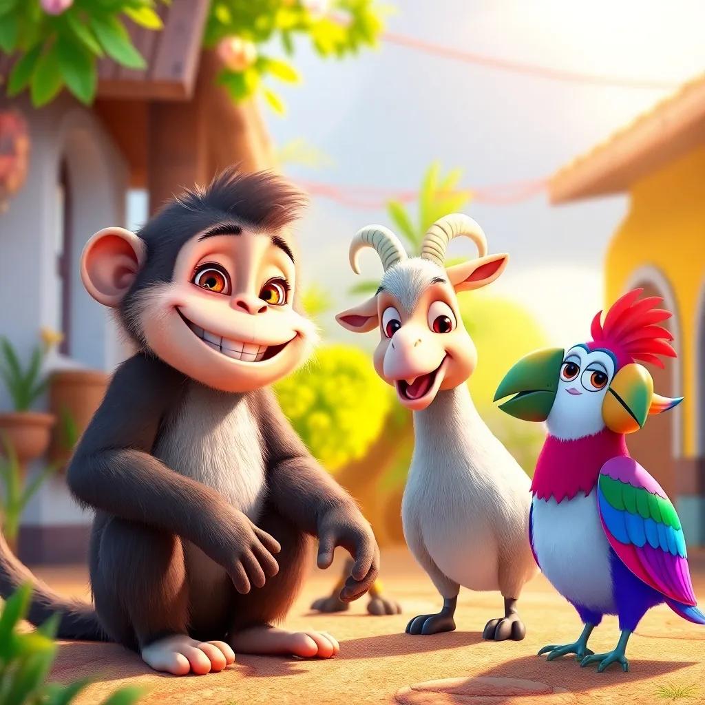 A cute monkey, Maimoon, with fluffy fur and a big smile, talking to a friendly goat, Maryam, and a colorful bird, Marwan, in a sunny small village, bright surroundings, cheerful atmosphere, digital art, colorful, charming