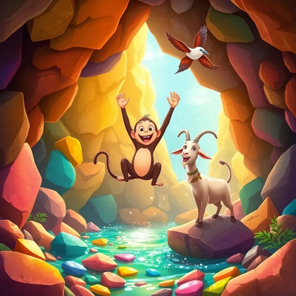A vibrant cave filled with colorful stones and sparkling water, where Maimoon the monkey is jumping joyfully, surrounded by Maryam the goat nibbling herbs and Marwan the bird soaring above, illustration, lively, adventure-themed, colorful