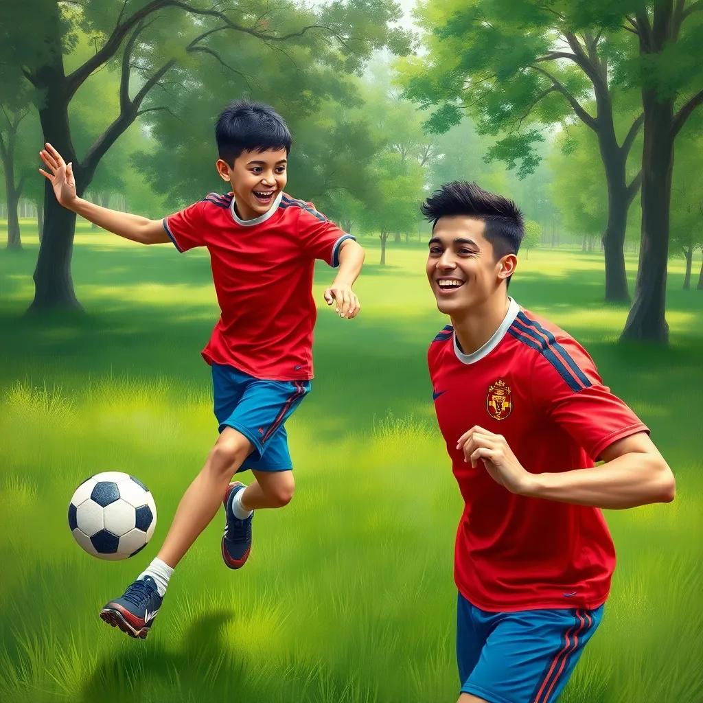 A young Arab boy, Nasser, with short black hair, wearing a bright red shirt and blue shorts, playing football in a park with Cristiano Ronaldo, who is smiling widely, surrounded by green grass and trees, joyful atmosphere, digital art, vibrant colors, high quality