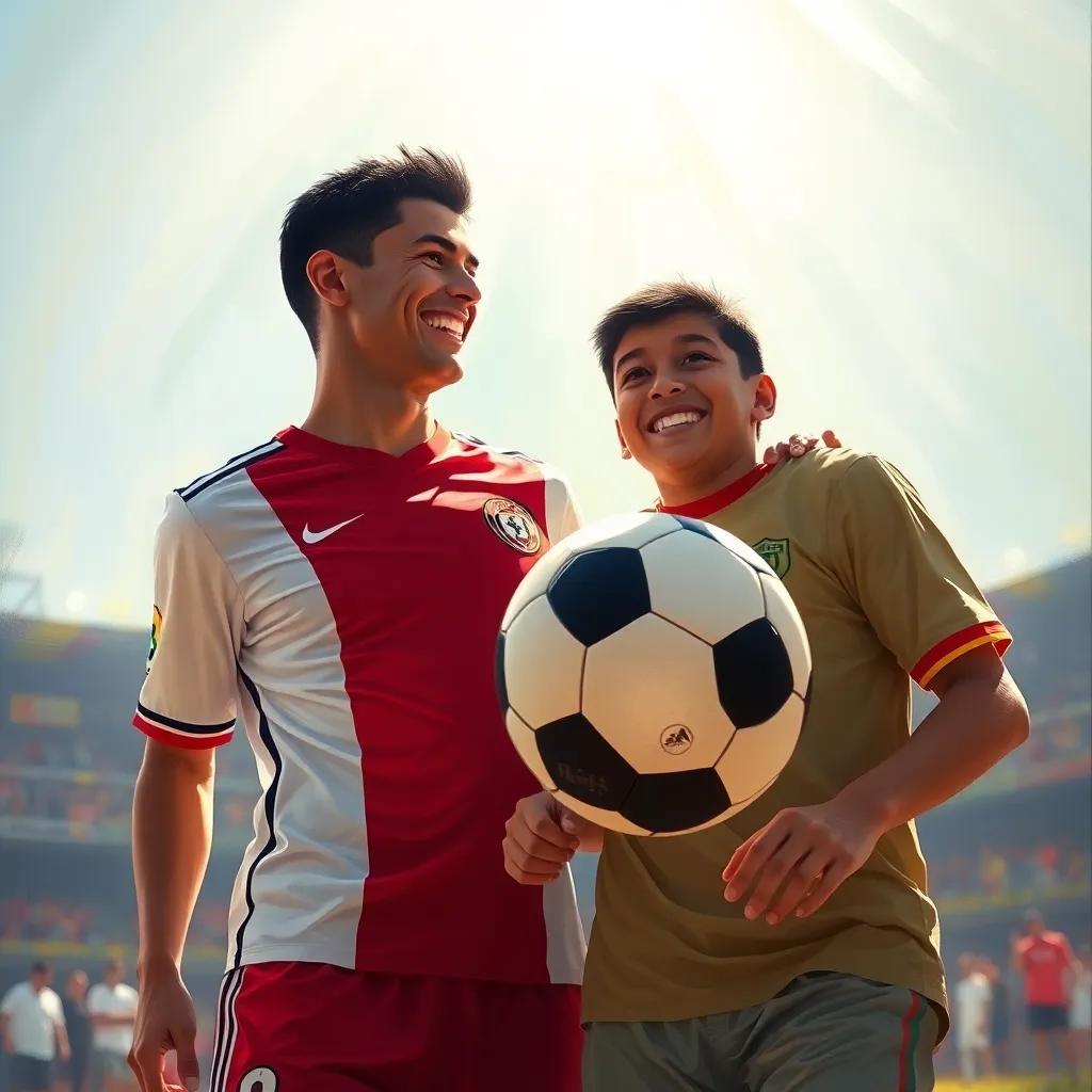 Cristiano Ronaldo, standing next to Nasser, a young Arab boy with short black hair, both smiling and laughing while playing football, showcasing some amazing tricks, sunlight shining down on them, dynamic scene, digital painting, vivid colors, uplifting mood