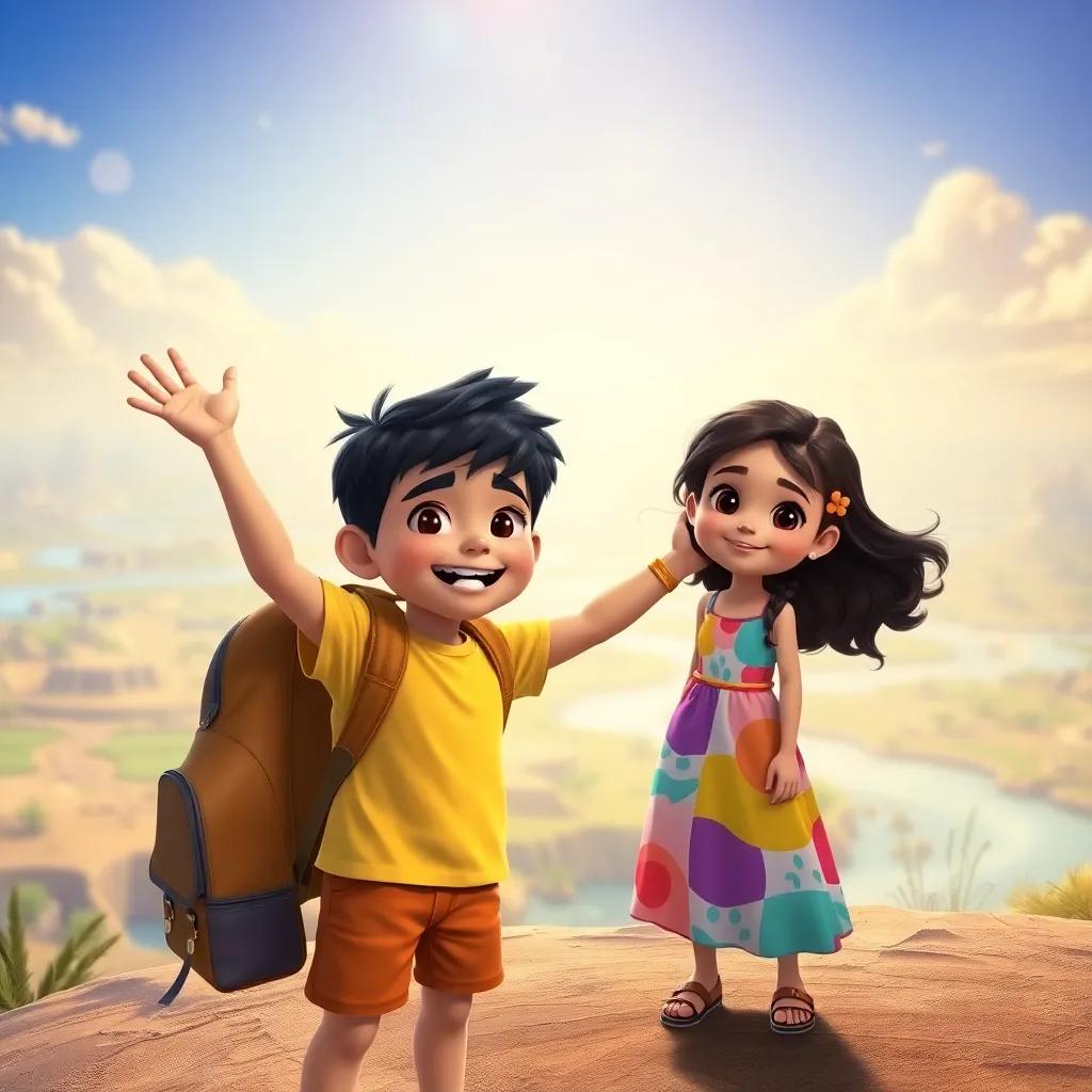 A young Arab boy, Nasser, with short black hair wearing a bright t-shirt and shorts, excitedly holding a magical backpack, standing next to his younger sister Salma, who has long, dark hair and is wearing a colorful dress, surrounded by a sunlit landscape of land and water, magical atmosphere, bright colors, cheerful and adventurous spirit, high quality