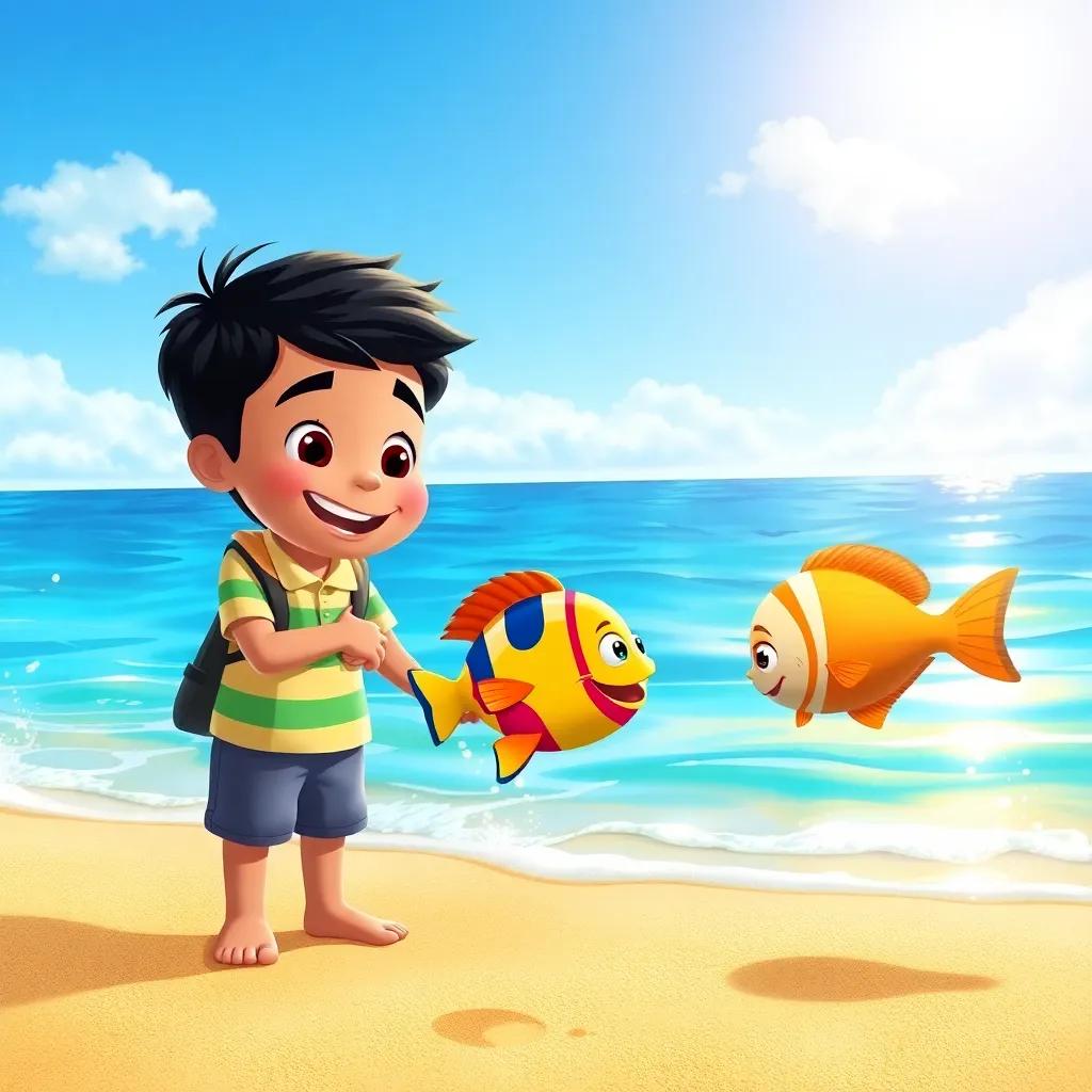 Nasser and Salma, in a vibrant beach setting, with warm sand under their feet, smiling while observing a colorful fish swimming close to the shore, sunlight glistening on the water, illustration, joyful exploration, child-friendly, engaging scene, high quality