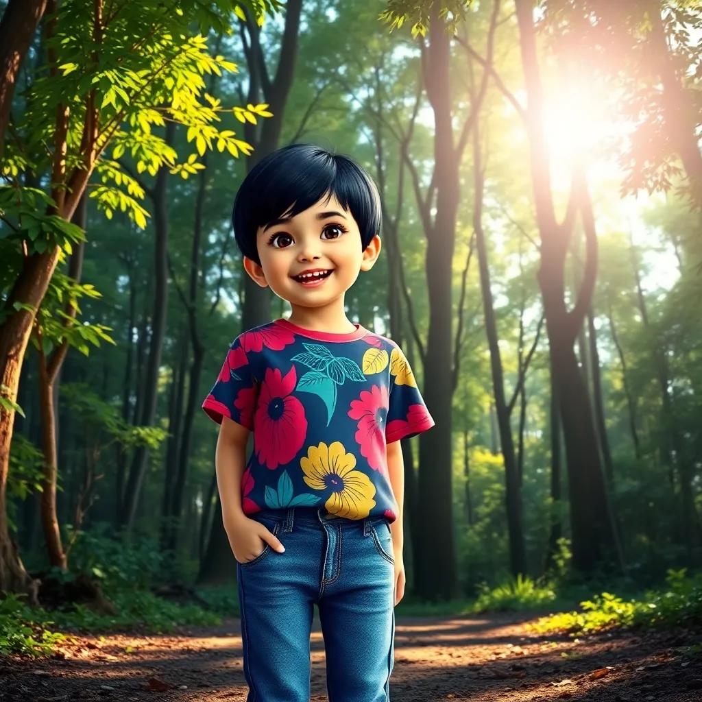A young Arab girl, نايا, with short black hair wearing a colorful shirt and jeans, standing excitedly at the entrance of a forest, bright sunlight shining, vibrant colors, inviting atmosphere, child-friendly, high quality