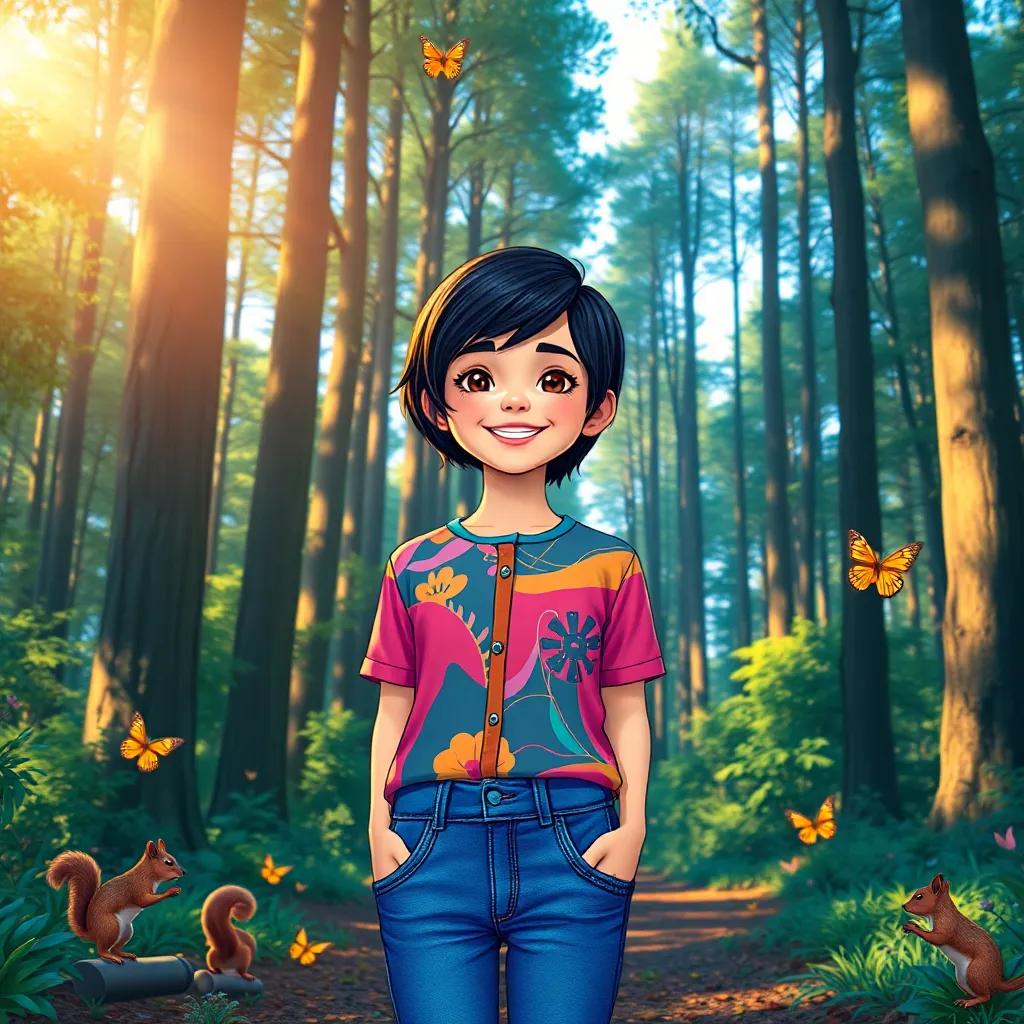 A cheerful young Arab girl, نايا, with short black hair in a colorful shirt and jeans, surrounded by tall trees and dappled sunlight in a lush forest, playful squirrels and butterflies, colorful, warm light, joyful perspective, high quality