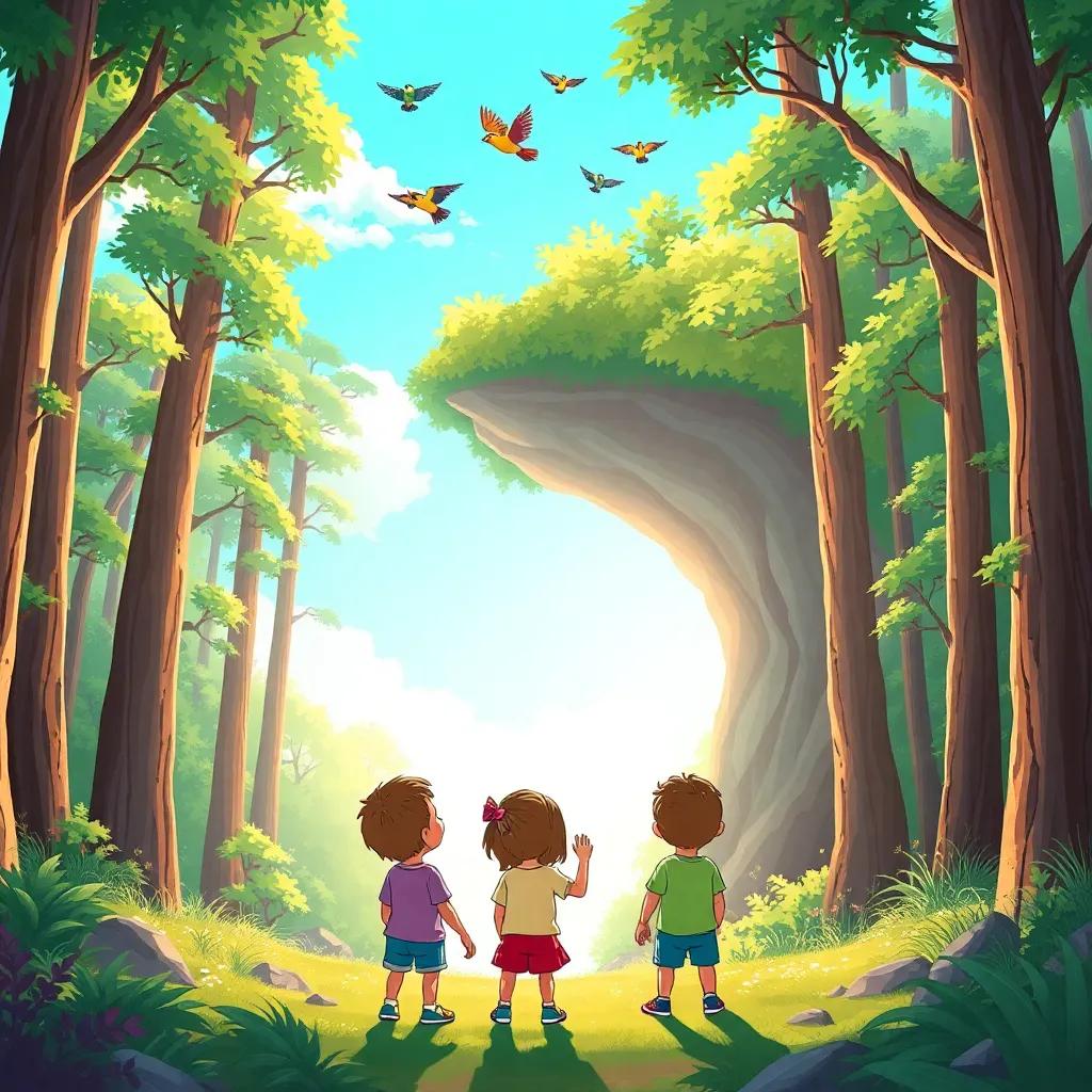 A bright sunny forest with tall green trees, children looking excitedly at a shining cave entrance, colorful birds flying above, digital art, vibrant colors, cheerful atmosphere, high quality