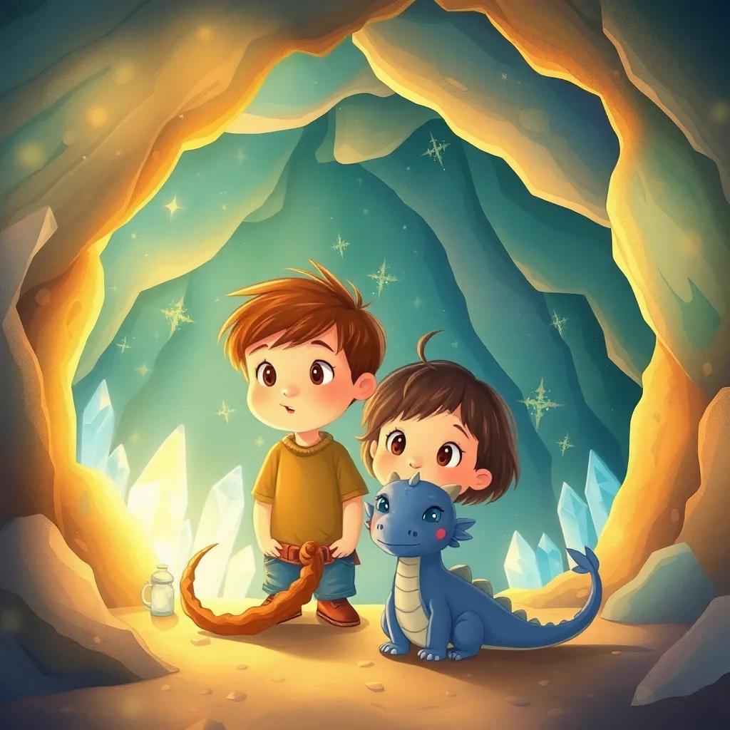 Inside a magical cave filled with sparkling crystals and gentle glowing lights, two children looking amazed, a small friendly dragon smiling at them, soft light, enchanting colors, warm atmosphere, high quality
