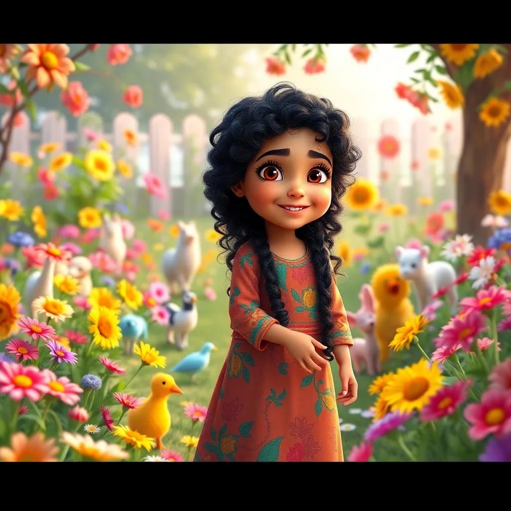 A young Arab girl, Noura, with long curly black hair, wearing colorful clothes, playing in her vibrant garden full of flowers and animals, digital art, cheerful atmosphere, bright colors, inviting scene, high quality