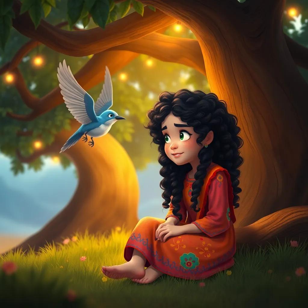Noura, a young Arab girl with long curly black hair in colorful clothes, sitting under a big tree, listening to a beautiful bird that is talking to her about building a strong community, magical atmosphere, enchanting scene, warm light, child-friendly