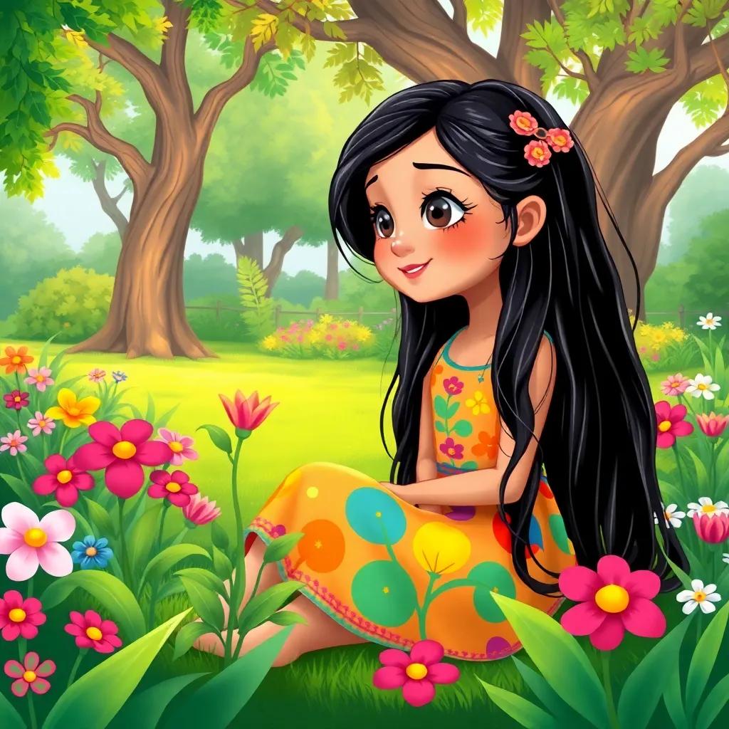 A young girl, Hala, with long, black hair wearing a colorful dress, sitting in a beautiful garden surrounded by trees and flowers, talking to her plant, digital art, vibrant colors, cheerful atmosphere, high quality