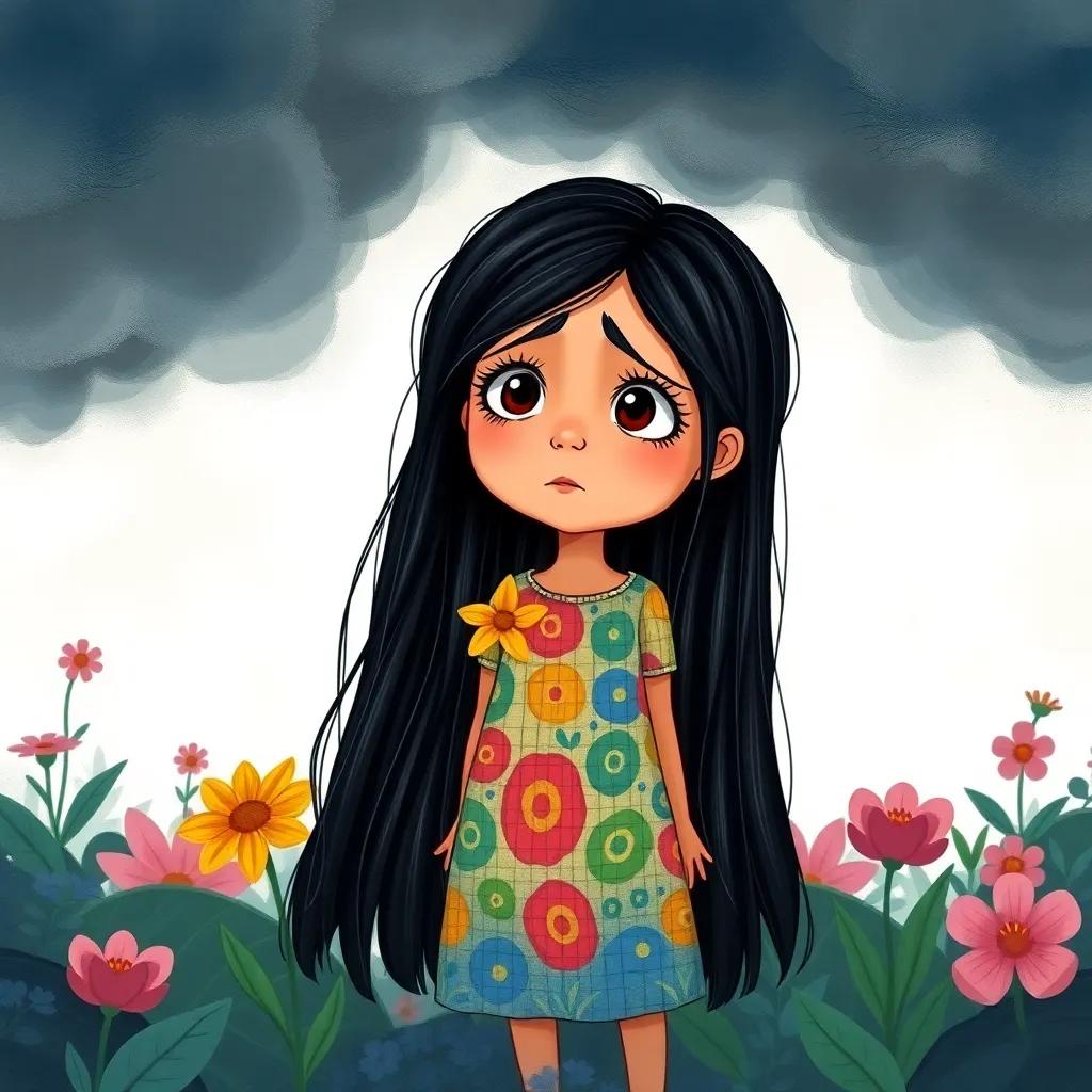Hala, a young girl with long, black hair in a colorful dress, standing in a garden with dark clouds overhead, looking worried but determined, with her flower shrinking beside her, illustration, emotional, vivid details, engaging perspective