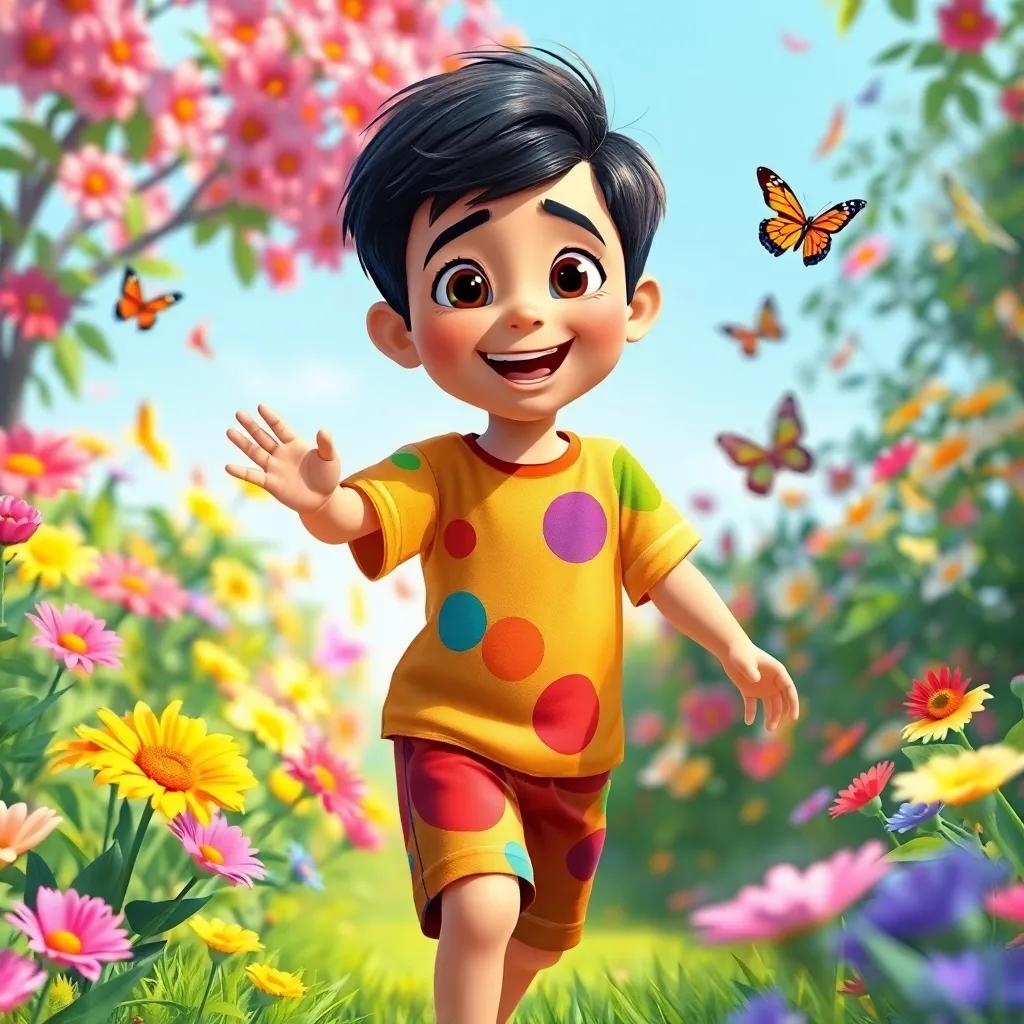 A young Arab boy, Hima, with short dark hair wearing a colorful t-shirt and shorts, joyfully exploring a sunny garden filled with colorful flowers and butterflies, digital art, bright colors, cheerful atmosphere, high quality