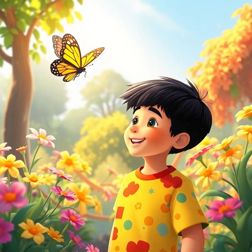 Hima, a young Arab boy with short dark hair in a colorful t-shirt, happily looking at a butterfly that speaks, surrounded by vibrant flowers and trees, playful illustration, warm light, friendly environment, high quality