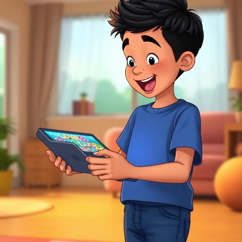 A young boy, Walid, with black hair and wearing a blue t-shirt and jeans, excitedly playing on his tablet with colorful game icons appearing on the screen, indoor setting with warmth, cozy atmosphere, friendly light and bright colors, cartoonish style, high quality