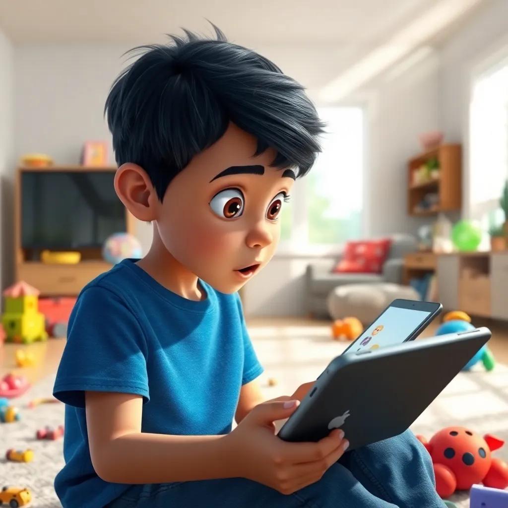 Walid, a young boy with black hair, wearing a blue t-shirt and jeans, looking surprised as a pop-up window appears on his tablet, bright living room with toys scattered around, whimsical perspective, soft light, playful colors, child-friendly art, high quality