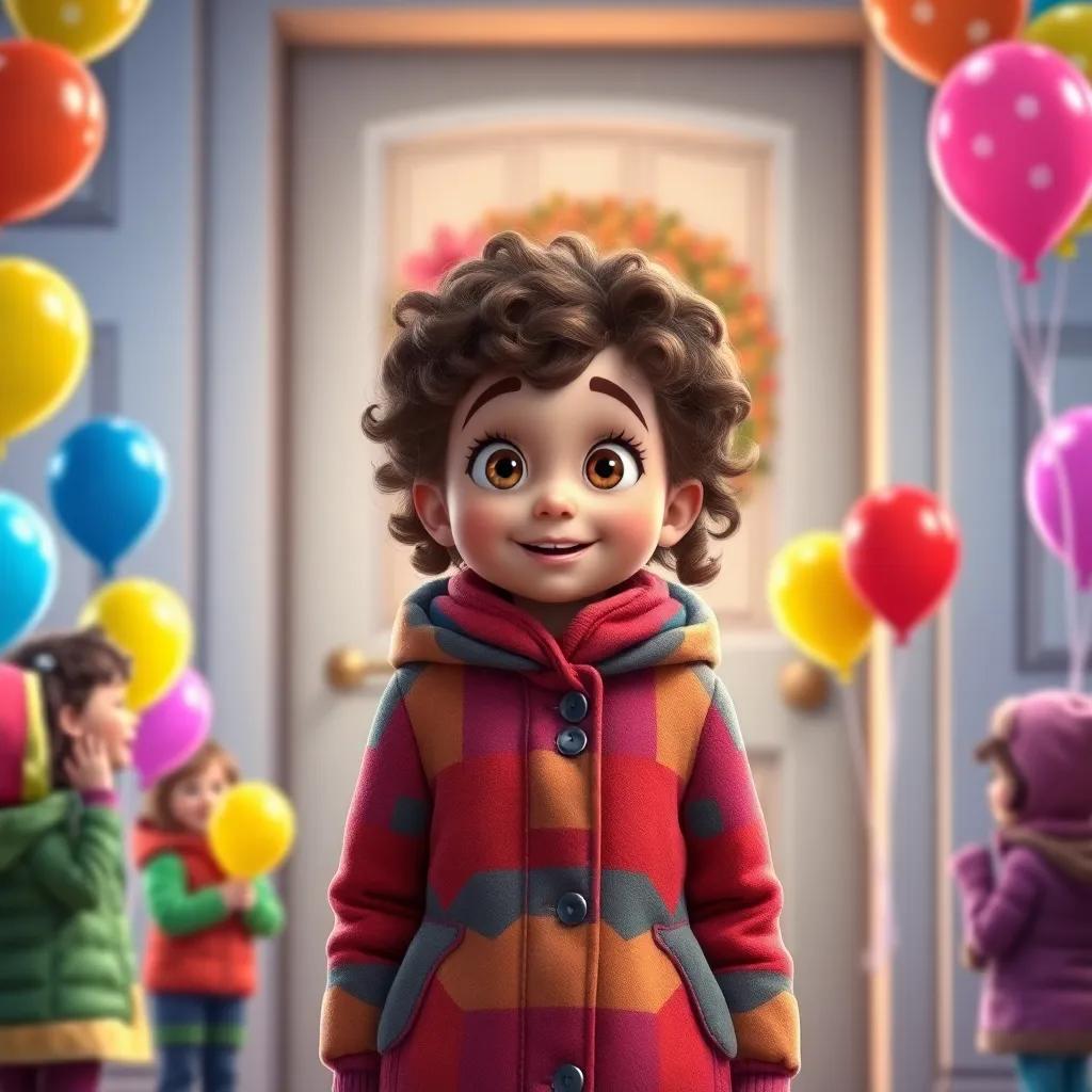 A young girl, بيريناز, with curly brown hair wearing a colorful winter coat, looking excited at her birthday surprises, standing in front of a door with friends outside holding colorful balloons, cheerful atmosphere, digital art, vibrant colors, inviting warmth, high quality