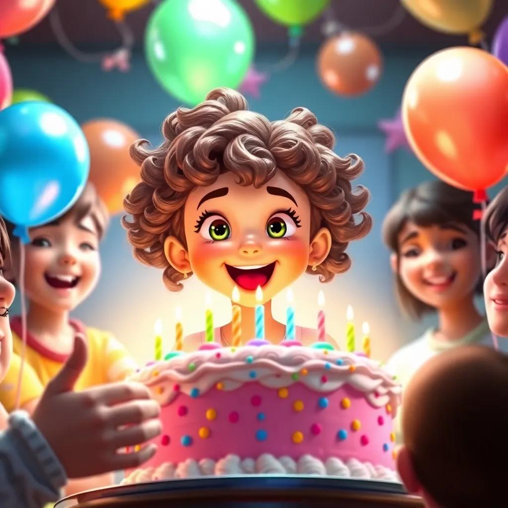 بيريناز, a young girl with curly brown hair, joyful and surprised, surrounded by friends with colorful balloons and a big decorated birthday cake, bright and lively scene, cheerful, engaging atmosphere, high quality