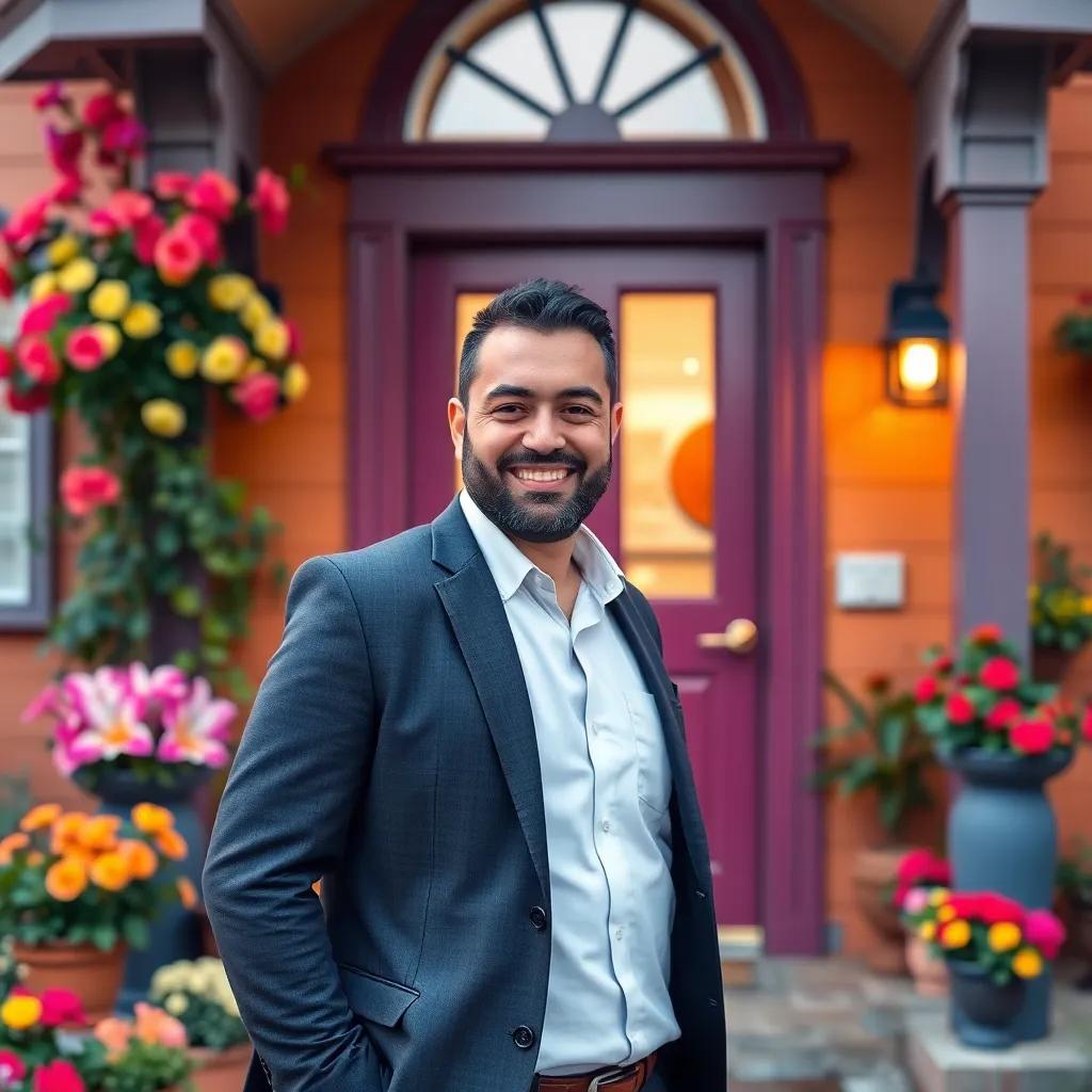 A happy man, Sami, in a smart work outfit with a cheerful smile, approaching the front door of a colorful house filled with flowers, digital art, warm colors, inviting atmosphere, high quality