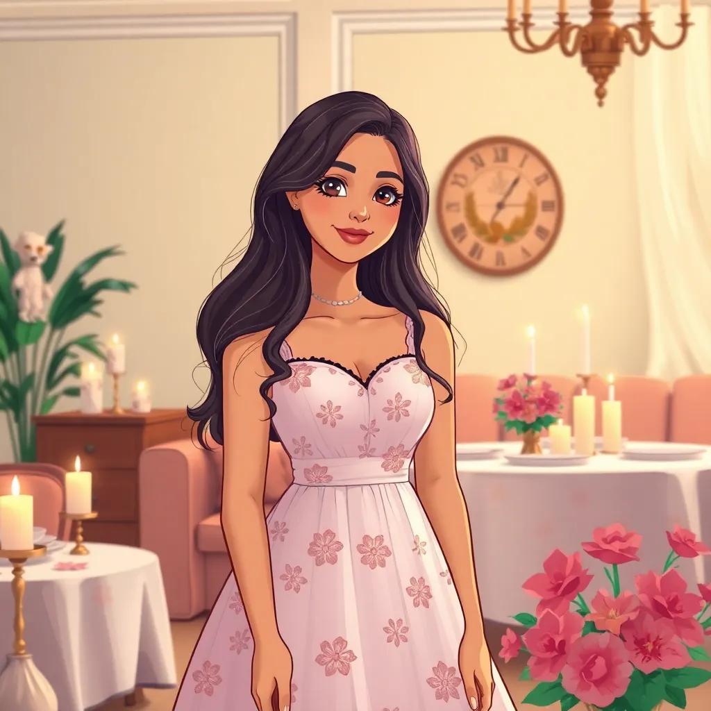 A lovely woman, Jumana, with long hair, wearing a beautiful dress, in a cozy living room decorated for a special dinner, surrounded by candles and flowers, illustration, bright and cheerful, child-friendly, high quality