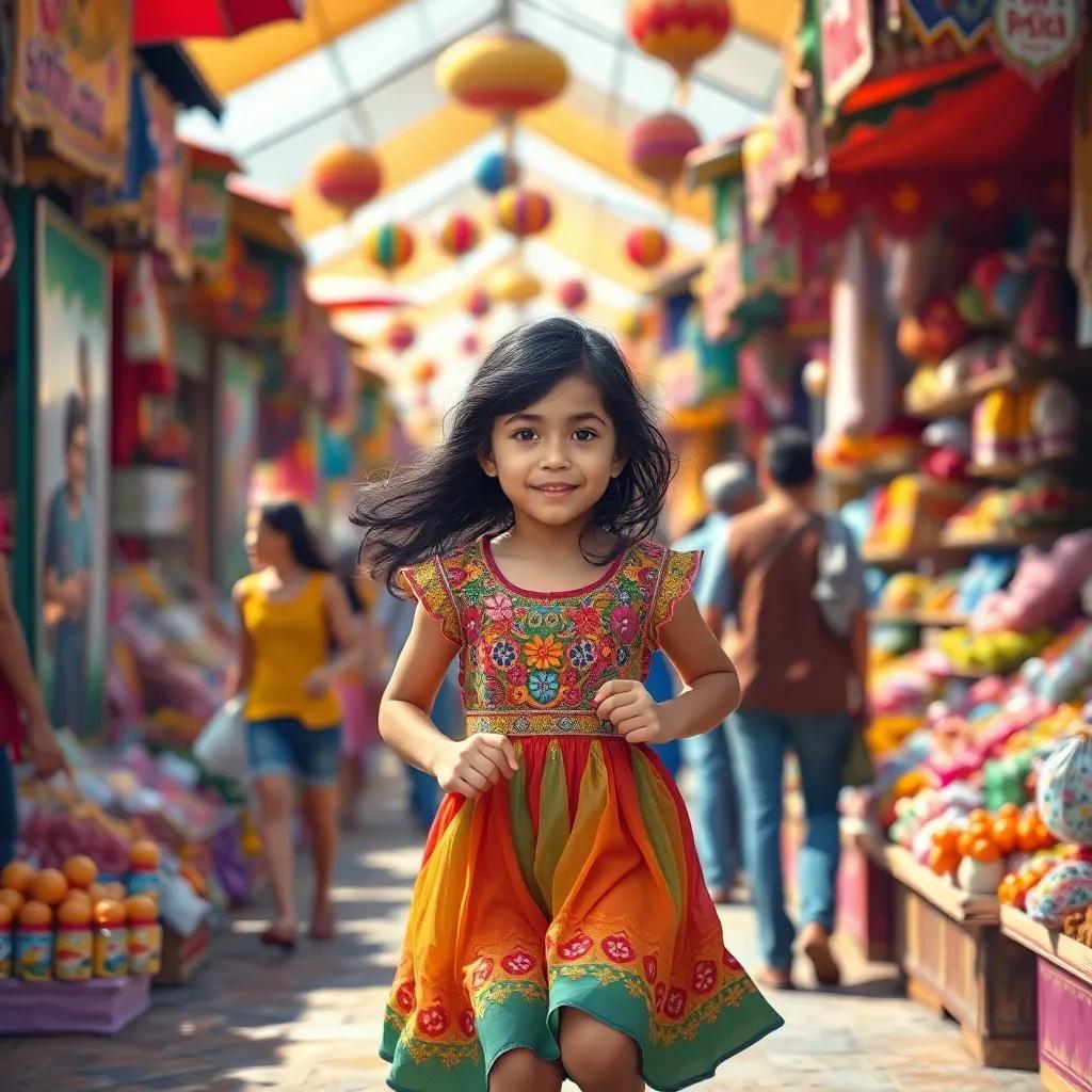 A young girl, Rana, with dark hair, wearing a colorful dress, running in a busy market filled with colorful stalls and people, bright daylight, cheerful atmosphere, vibrant colors, child-friendly
