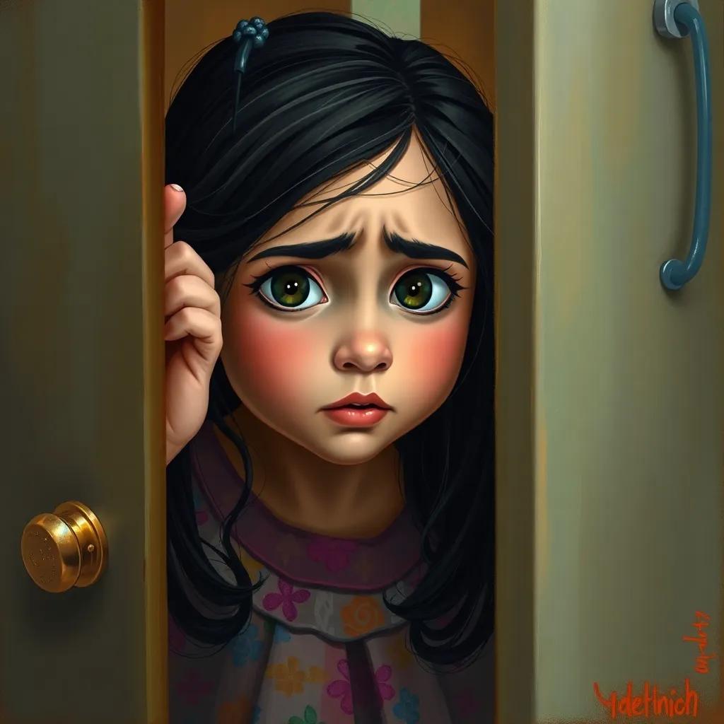 A worried young girl, Rana, with dark hair in a colorful dress, peeking into a doctor's office, looking concerned, warm light, soft colors, storytelling, emotional view