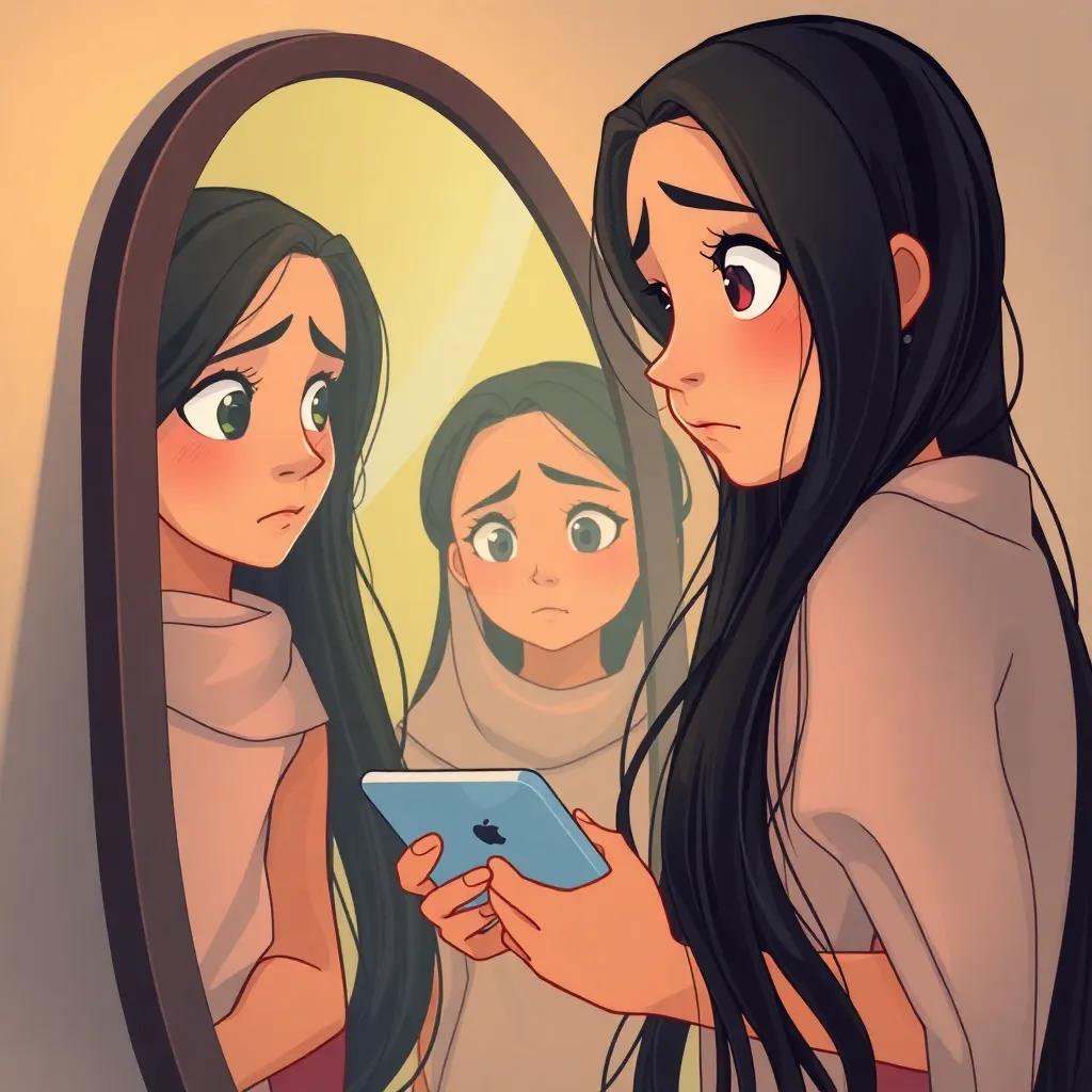 A young Arab girl, Karma, with long, dark hair, in front of a mirror looking troubled, her phone in her hand, with a curious expression, illustration, warm light, thoughtful mood, high quality