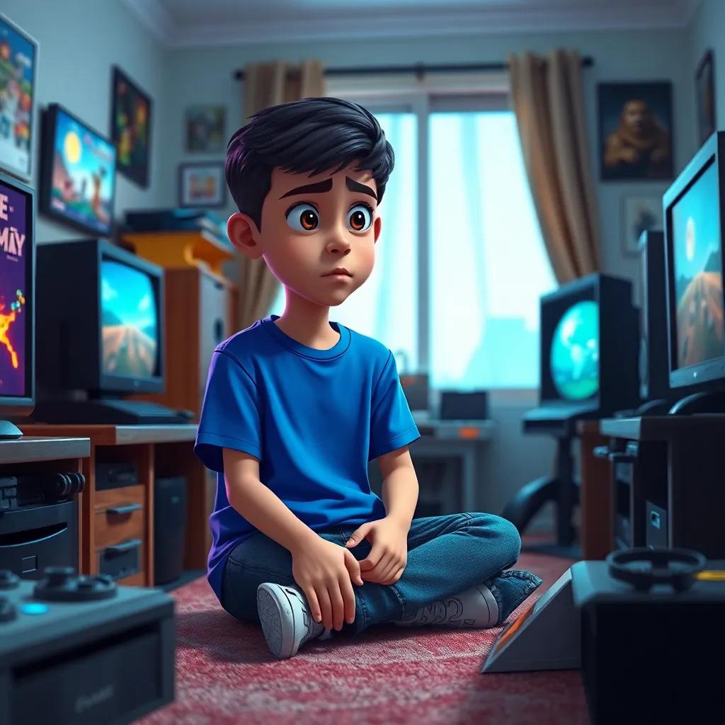 A young Arab boy, Khaled, with short black hair wearing a blue t-shirt and jeans, sitting in a cozy room surrounded by video game consoles, looking bored and uninterested, digital art, vibrant colors, inviting atmosphere, high quality