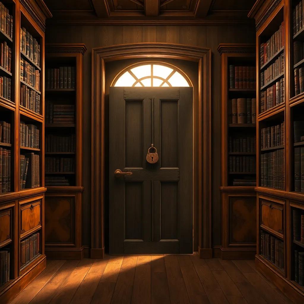 An antique door hidden behind large wooden bookshelves in a charming old house, dusty and mysterious with an ancient rusty lock, warm light shining through, digital art, magical atmosphere, high quality