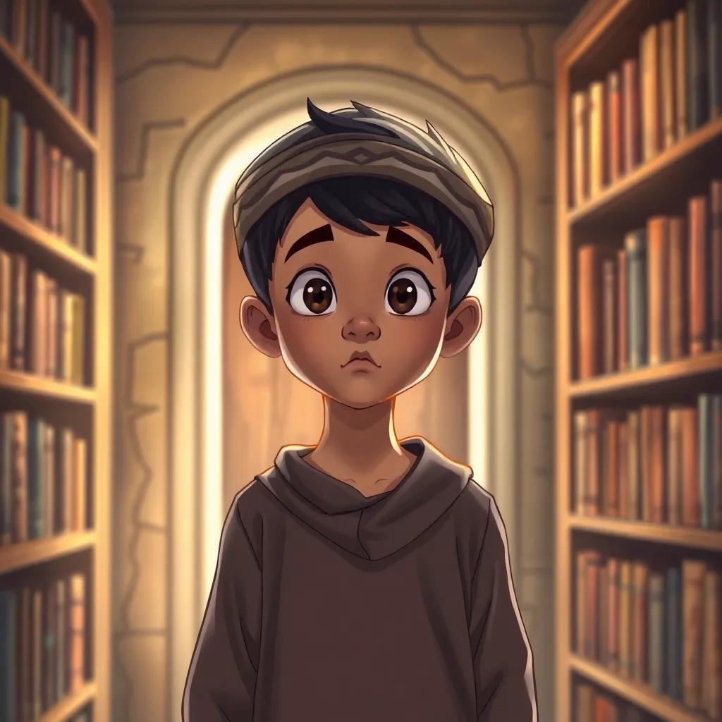 A young Arab boy, Khalid, standing in front of a hidden small door behind library shelves in an old house, curious expression, warm light, storytelling view, detailed illustration