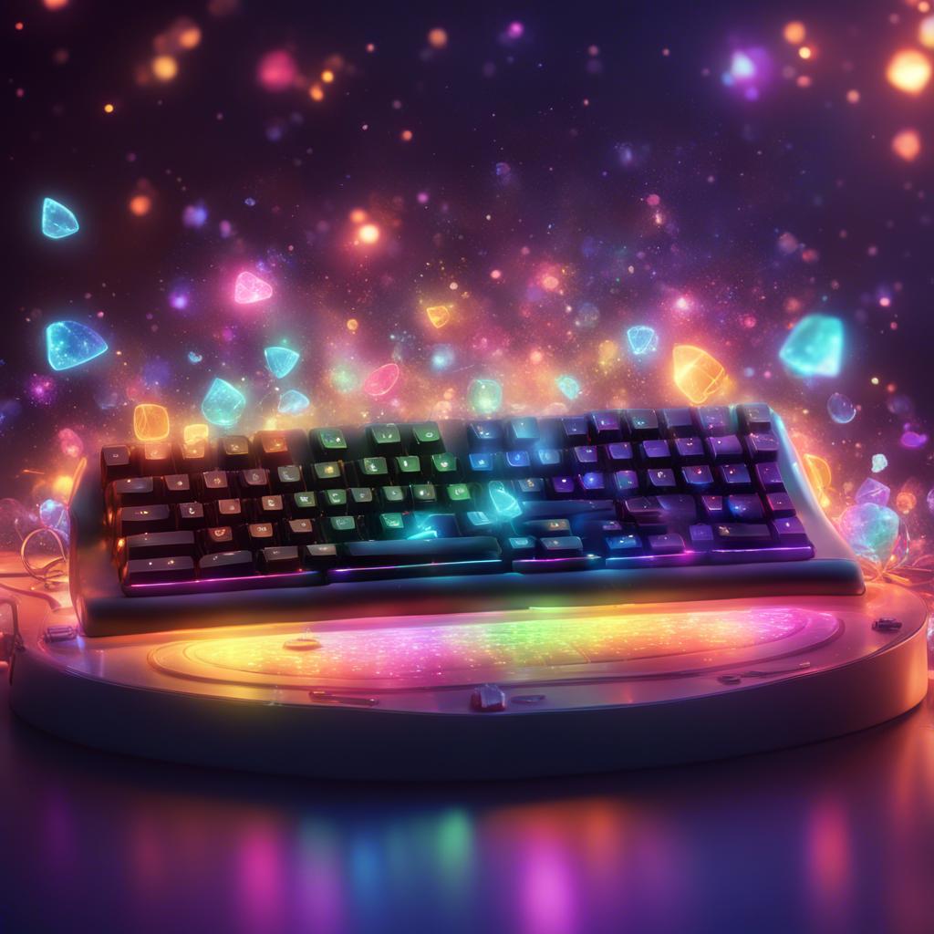 A magical keyboard with a key named Shift, glowing and surrounded by sparkling lights, digital art, vibrant colors, whimsical atmosphere, high quality
