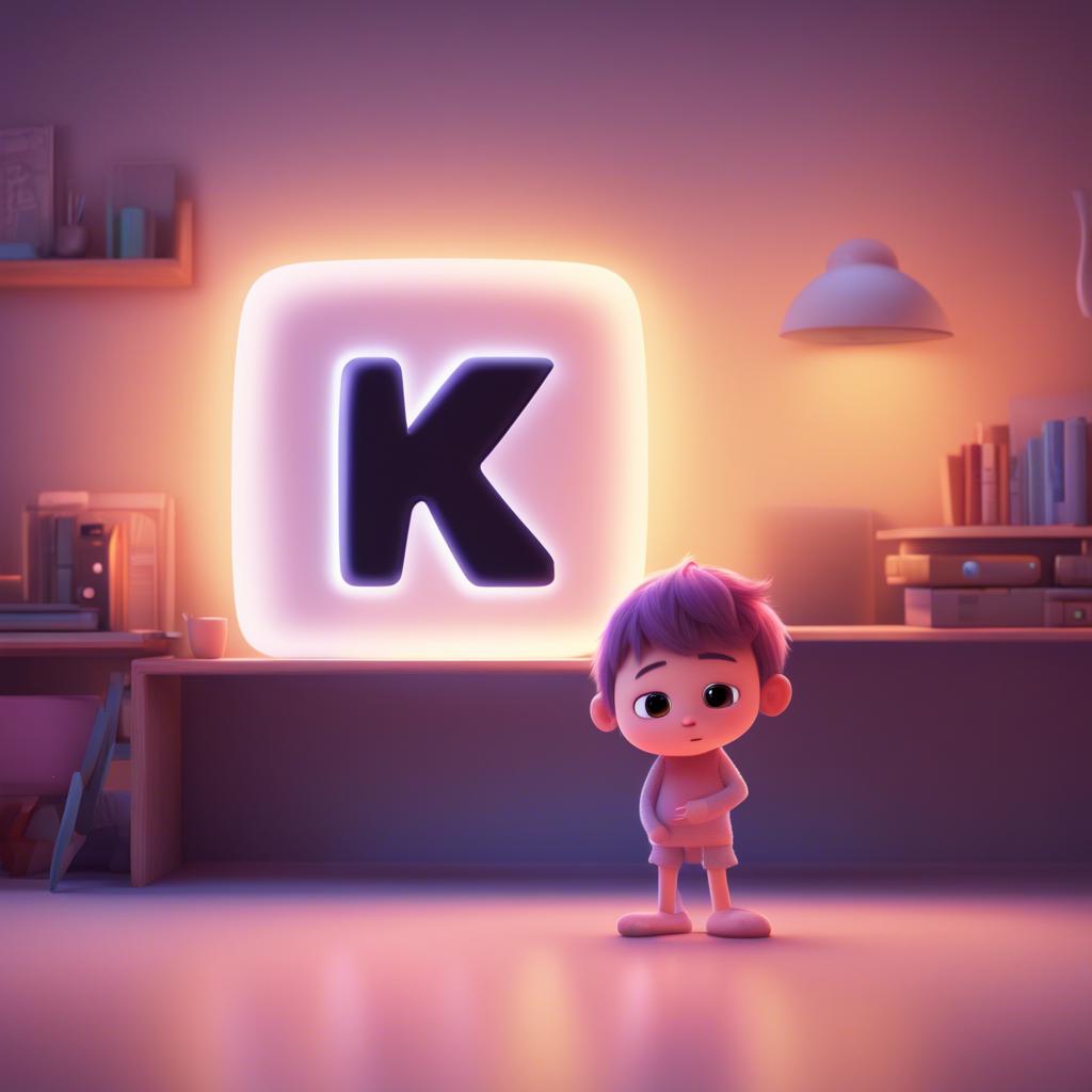 The little letter 'k' looking shy and cute, standing in front of the glowing Shift key, digital art, friendly, cheerful atmosphere, high quality