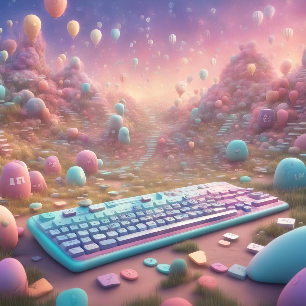 A whimsical keyboard landscape full of letters and numbers, all looking towards the magical Shift key, digital art, enchanting atmosphere, pastel colors, high quality