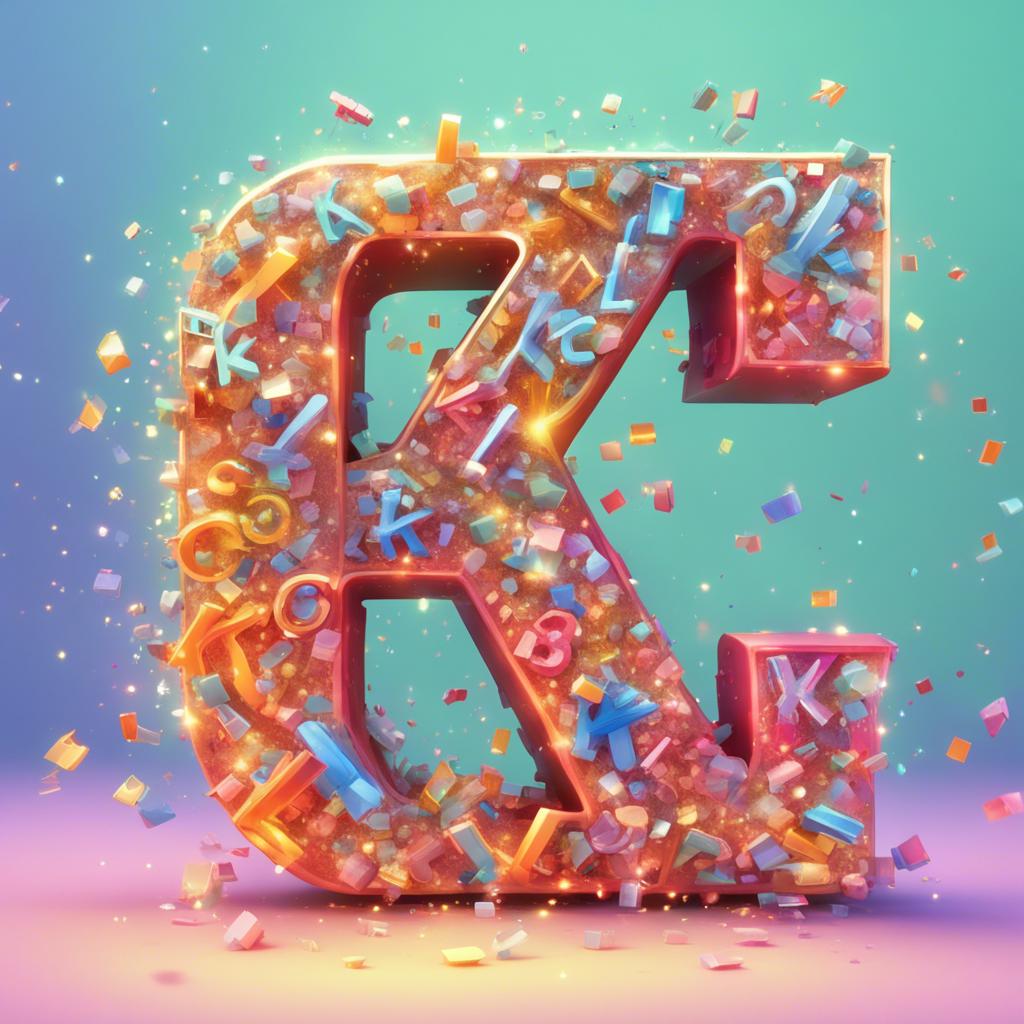 The small letter k happily transforming into the capital letter K with a sparkle, surrounded by other tiny letters, joyful scene, bright colors, cheerful composition