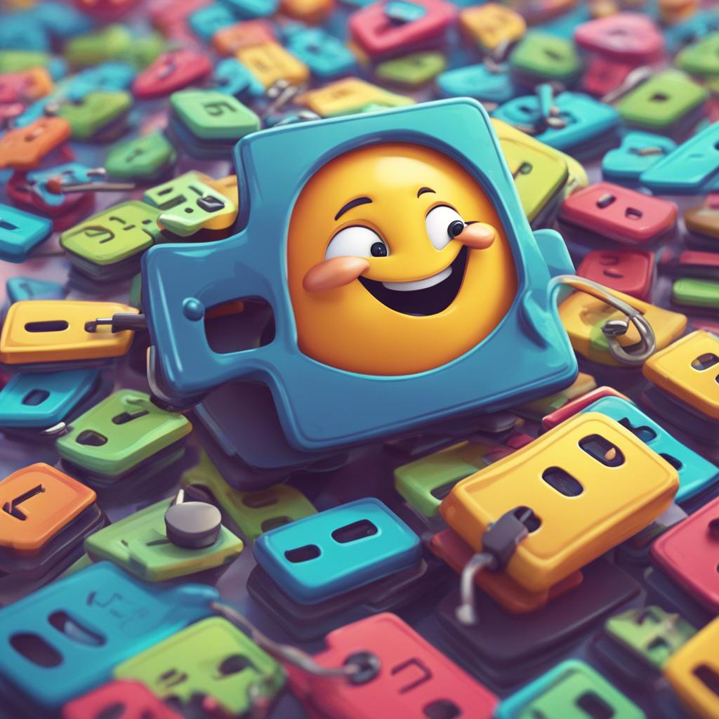 Shift key depicted as a friendly character with a smile, surrounded by other keys laughing and playing, cartoon-like style, vibrant and cheerful