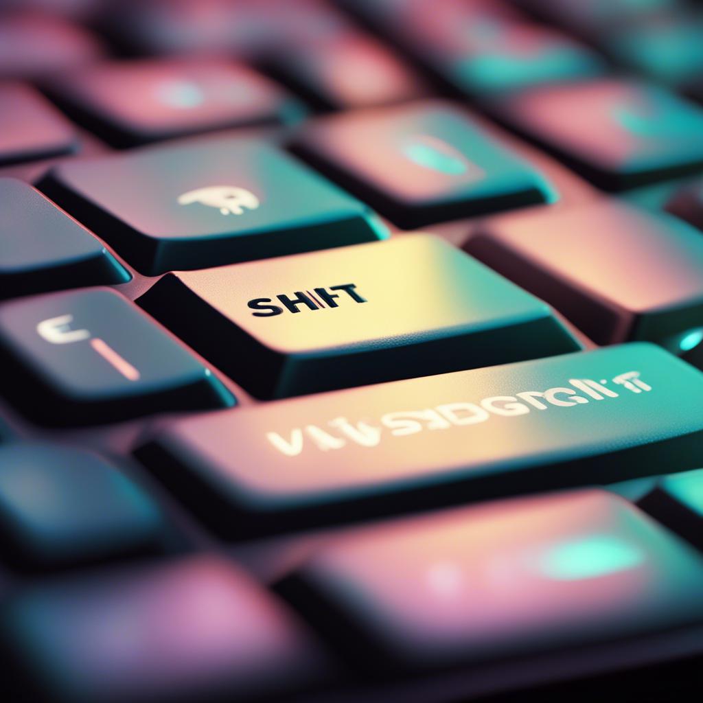 A close-up view of the keyboard with the Shift key shining brightly, soft light reflecting off its surface, inviting feel, detailed shot