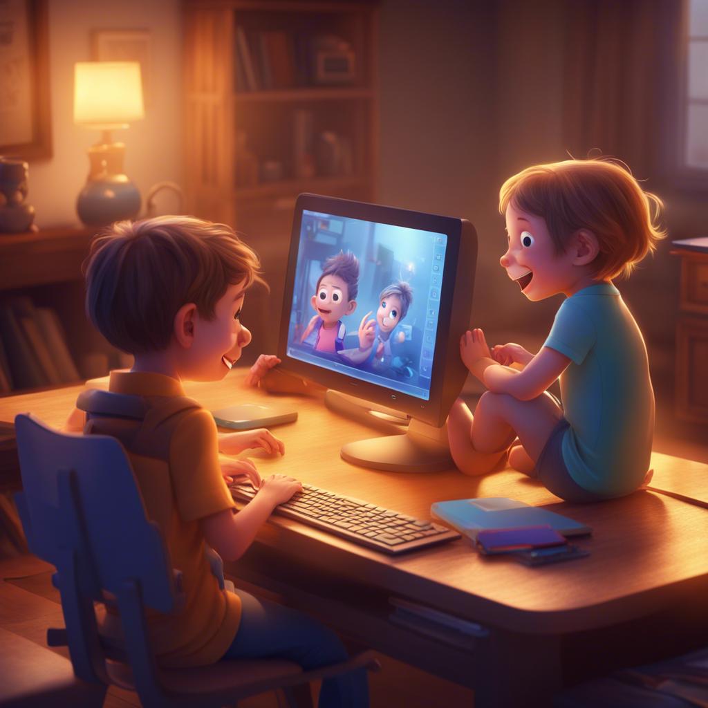 Children using the computer with smiles, highlighting the Shift key as an essential part of their learning and fun experience, warm lighting, enthusiastic environment