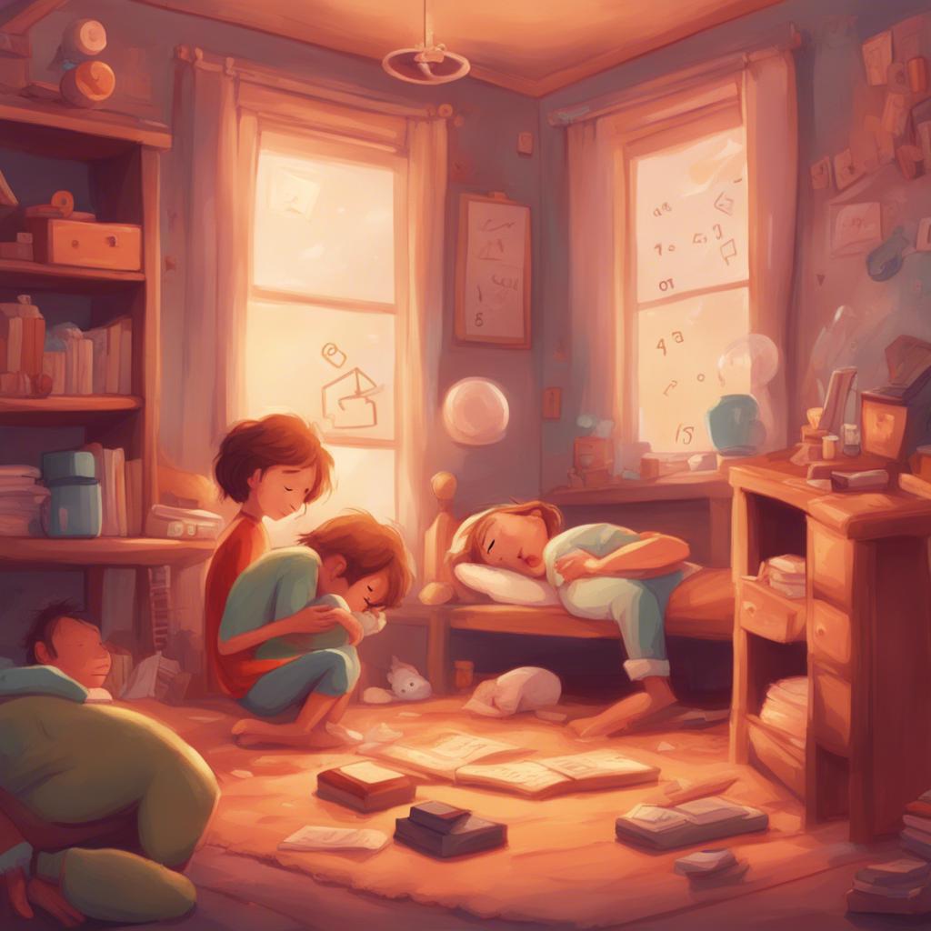 A whimsical end scene showing children dreaming of letters and numbers while sleeping, with the Shift key watching over them, cartoonish style, cozy and warm colors.